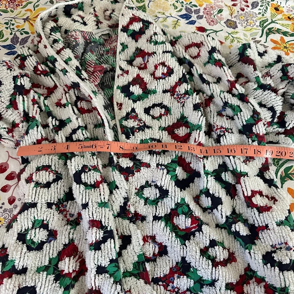Vtg Crowntuft Chenille Robe Women L White Floral 80s Long Belted USA‎ Made Flaw